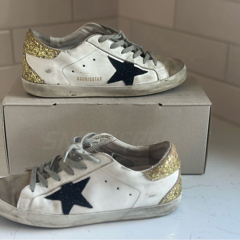 Golden Goose Super Star Classic White Sneakers with Gold and Black Accents